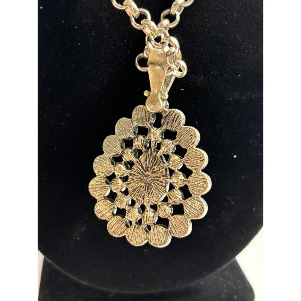 Pendant Necklace Silver Tone Faux Pearl Chunky Maximalist Boho Design‎